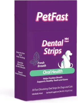 Mint Flavor Dental Strips for Dogs and Cats, 30 Fast Dissolving Oral Strips, Helps Freshen Breath Supports Healthy Teeth and Gums