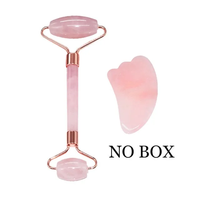 Natural Rose Quartz Roller Noiseless Slimming Face Lift Massager Jade Roller Facial Massage Stone Beauty Skincare Set For Women