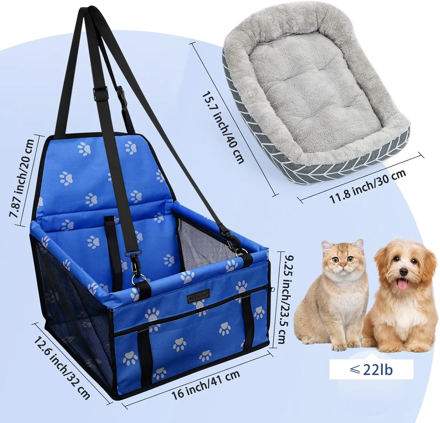 PetsHome Dog Car Seat Foldable Dog Car Booster Seat Waterproof Breathable Oxford Travel Bag for Small to Medium Dogs, Puppies, and Pets-Footprint Blue Mat