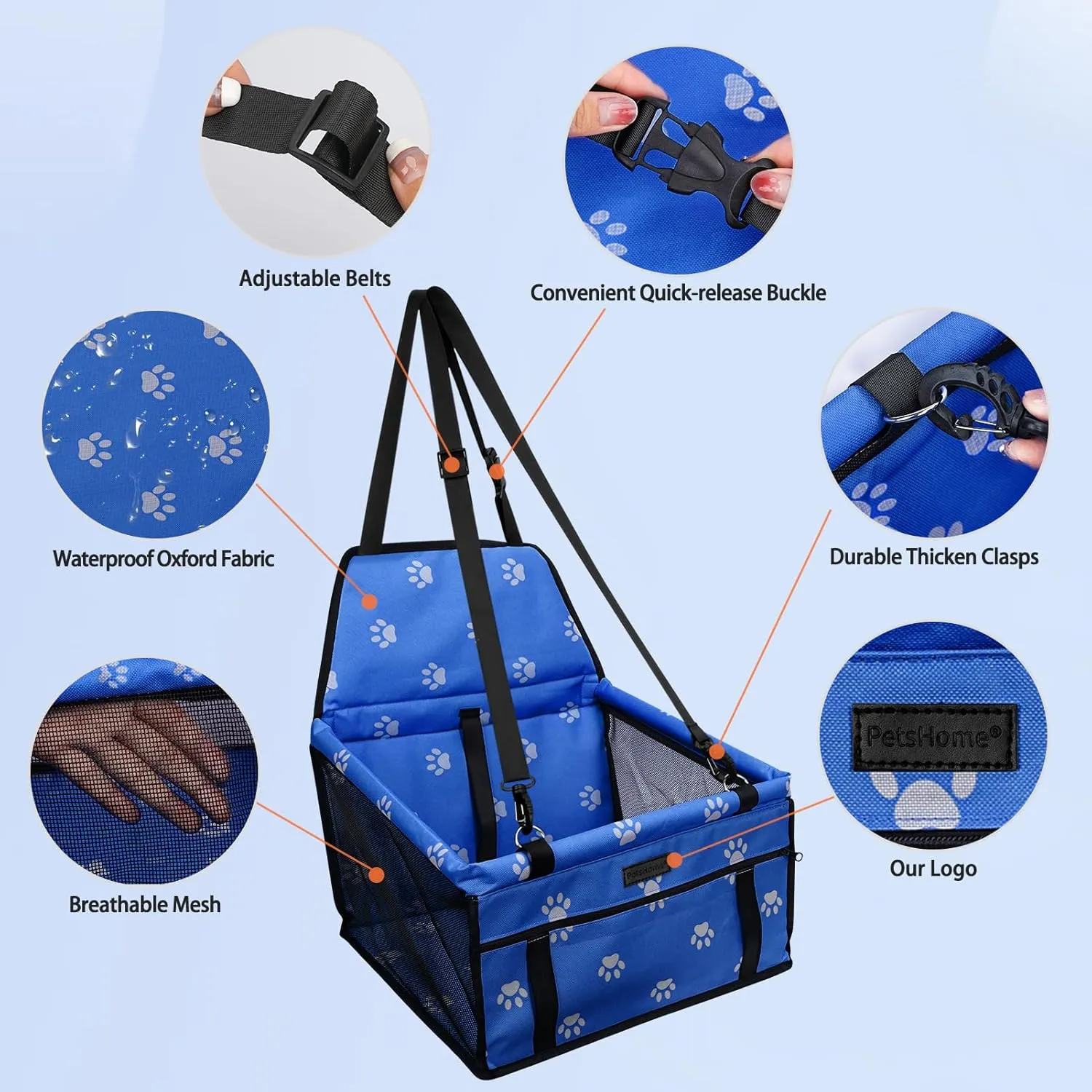 PetsHome Dog Car Seat Foldable Dog Car Booster Seat Waterproof Breathable Oxford Travel Bag for Small to Medium Dogs, Puppies, and Pets-Footprint Blue Mat