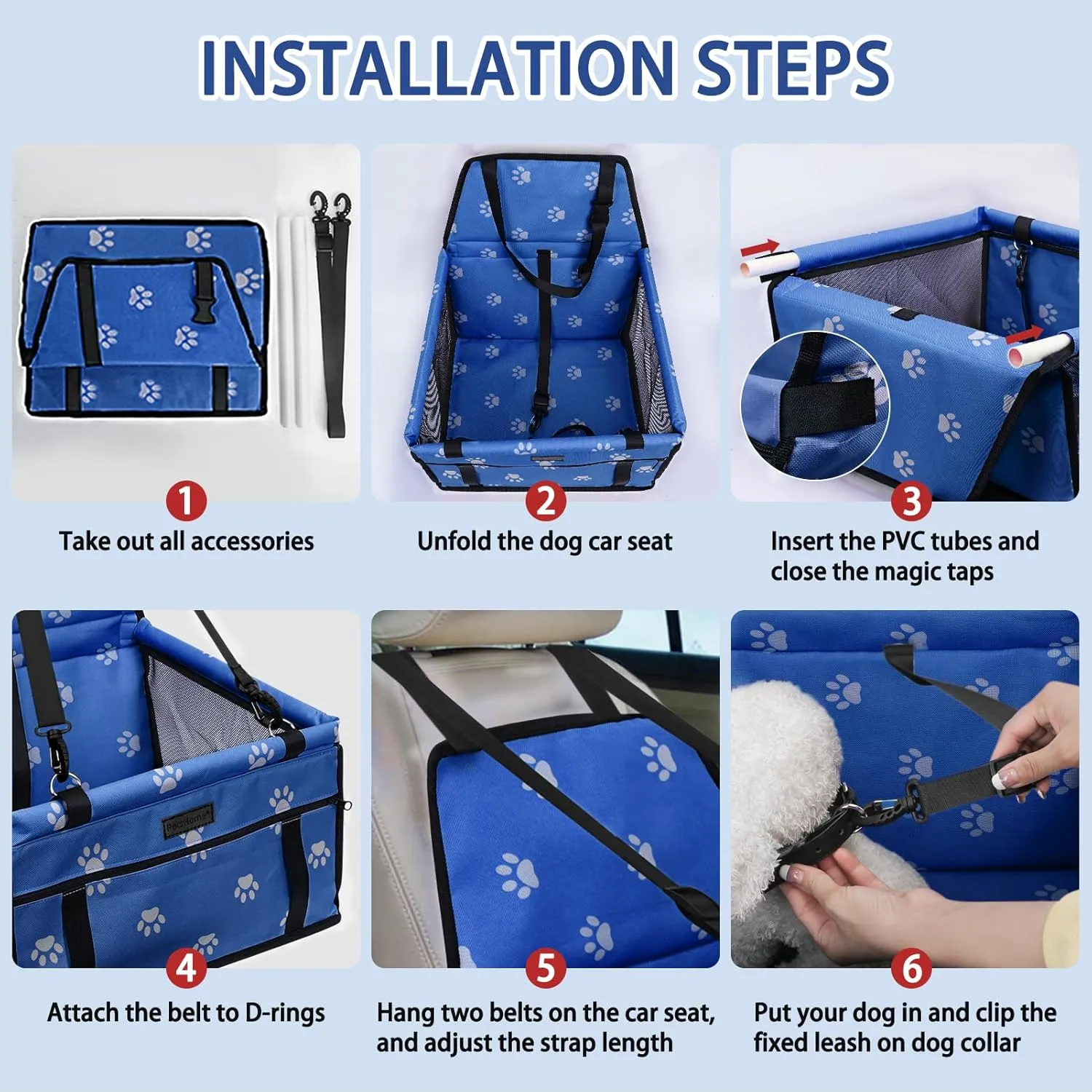 PetsHome Dog Car Seat Foldable Dog Car Booster Seat Waterproof Breathable Oxford Travel Bag for Small to Medium Dogs, Puppies, and Pets-Footprint Blue Mat