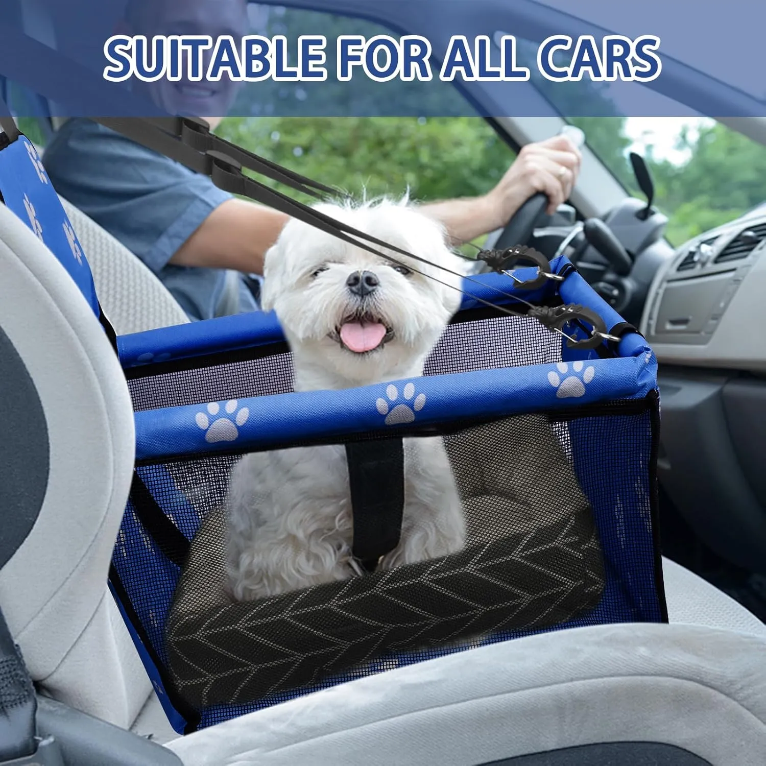 PetsHome Dog Car Seat Foldable Dog Car Booster Seat Waterproof Breathable Oxford Travel Bag for Small to Medium Dogs, Puppies, and Pets-Footprint Blue Mat
