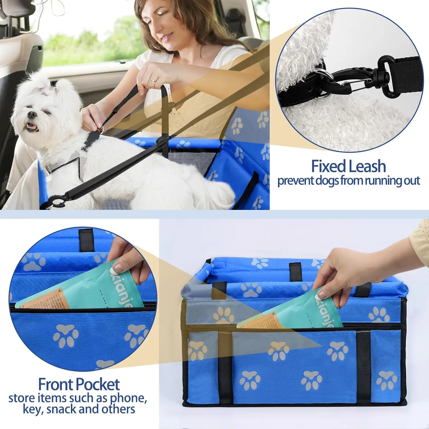 PetsHome Dog Car Seat Foldable Dog Car Booster Seat Waterproof Breathable Oxford Travel Bag for Small to Medium Dogs, Puppies, and Pets-Footprint Blue Mat