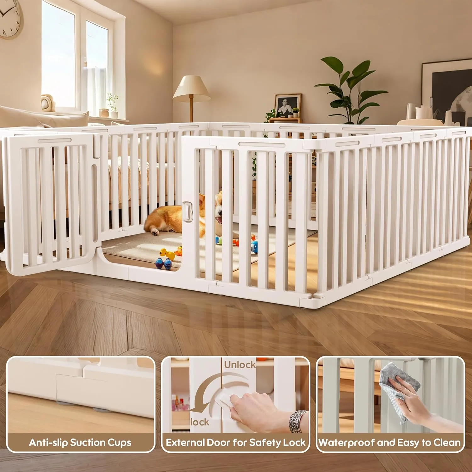 Plastic Dog Playpen for Indoor Outdoor, 15-Panel Portable Pet Fence, Puppy Playpen with Secure Locking Door Keep Pets Secure, Easy Assemble and Fold