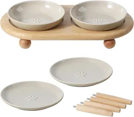 Raised Ceramic Wide Whisker Friendly Cat Dishes, Food& Water Bowl with 2 Style Stand Adjustable Pet Bowl Set, Anti Whisker Fatigue(2Dish 2Shallow Dish Stand