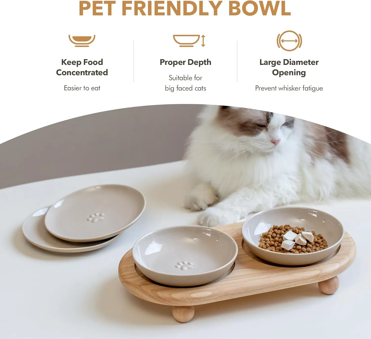 Raised Ceramic Wide Whisker Friendly Cat Dishes, Food& Water Bowl with 2 Style Stand Adjustable Pet Bowl Set, Anti Whisker Fatigue(2Dish 2Shallow Dish Stand