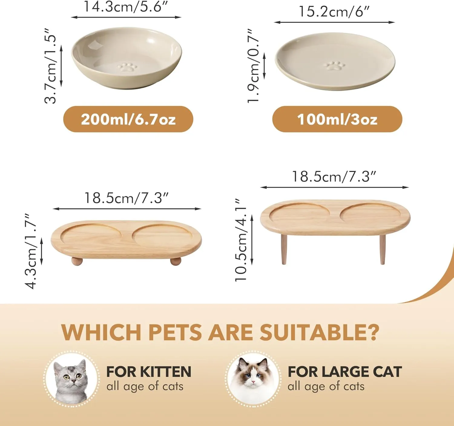 Raised Ceramic Wide Whisker Friendly Cat Dishes, Food& Water Bowl with 2 Style Stand Adjustable Pet Bowl Set, Anti Whisker Fatigue(2Dish 2Shallow Dish Stand