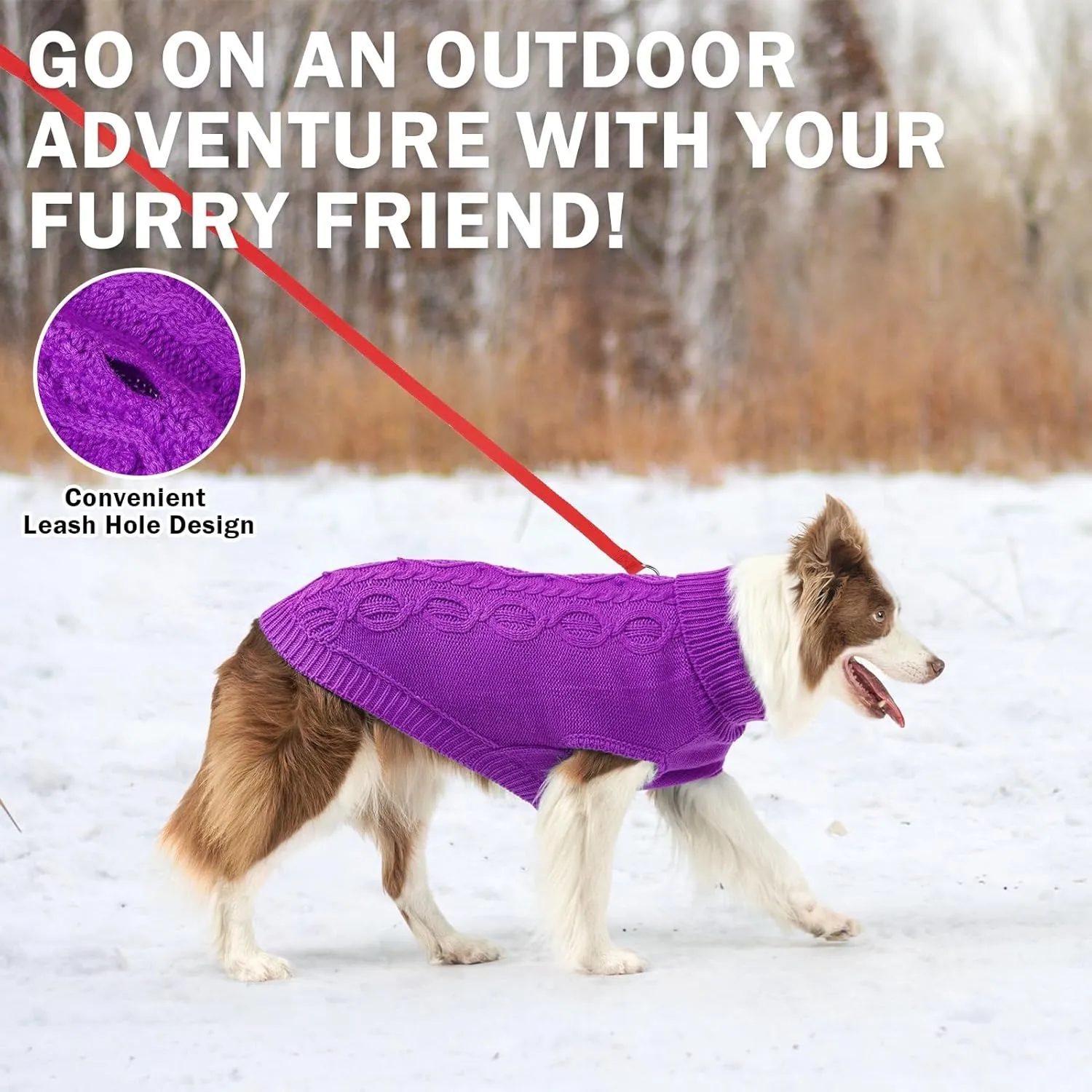 SCENEREAL Knitted Dog Sweater for Large Medium Small Dogs, Cat Dog Winter Coat Warm Sweatershirts Outfits, Classic Pet Clothes with Leash Hole, Soft Pet Knitwear Apparel for Girls Boys, Purple L