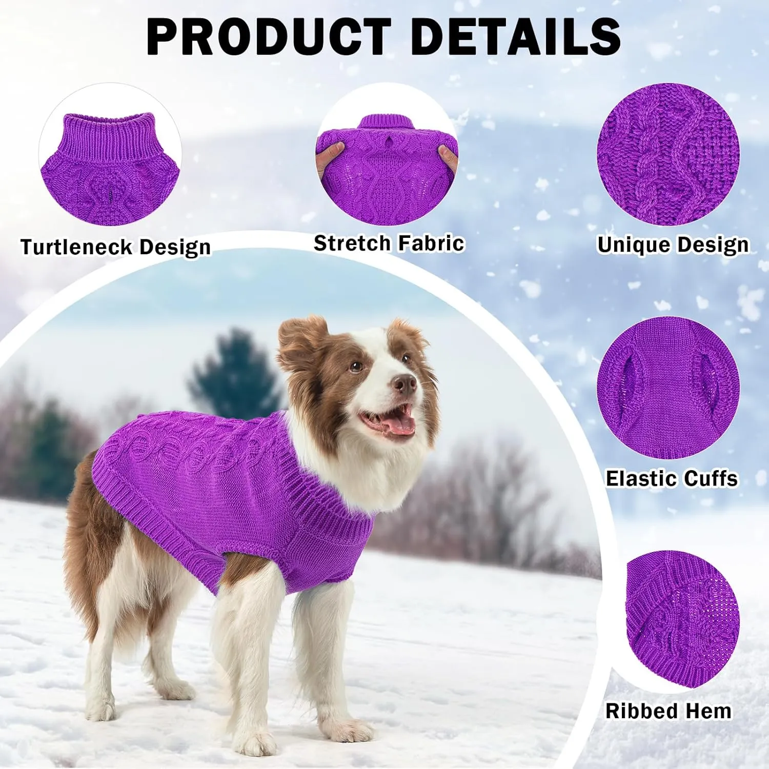 SCENEREAL Knitted Dog Sweater for Large Medium Small Dogs, Cat Dog Winter Coat Warm Sweatershirts Outfits, Classic Pet Clothes with Leash Hole, Soft Pet Knitwear Apparel for Girls Boys, Purple L