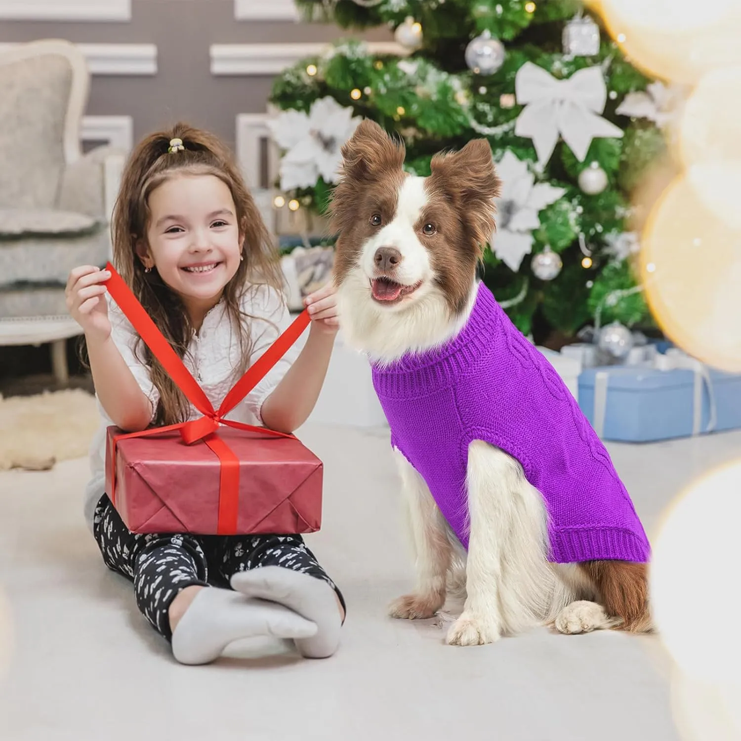 SCENEREAL Knitted Dog Sweater for Large Medium Small Dogs, Cat Dog Winter Coat Warm Sweatershirts Outfits, Classic Pet Clothes with Leash Hole, Soft Pet Knitwear Apparel for Girls Boys, Purple L