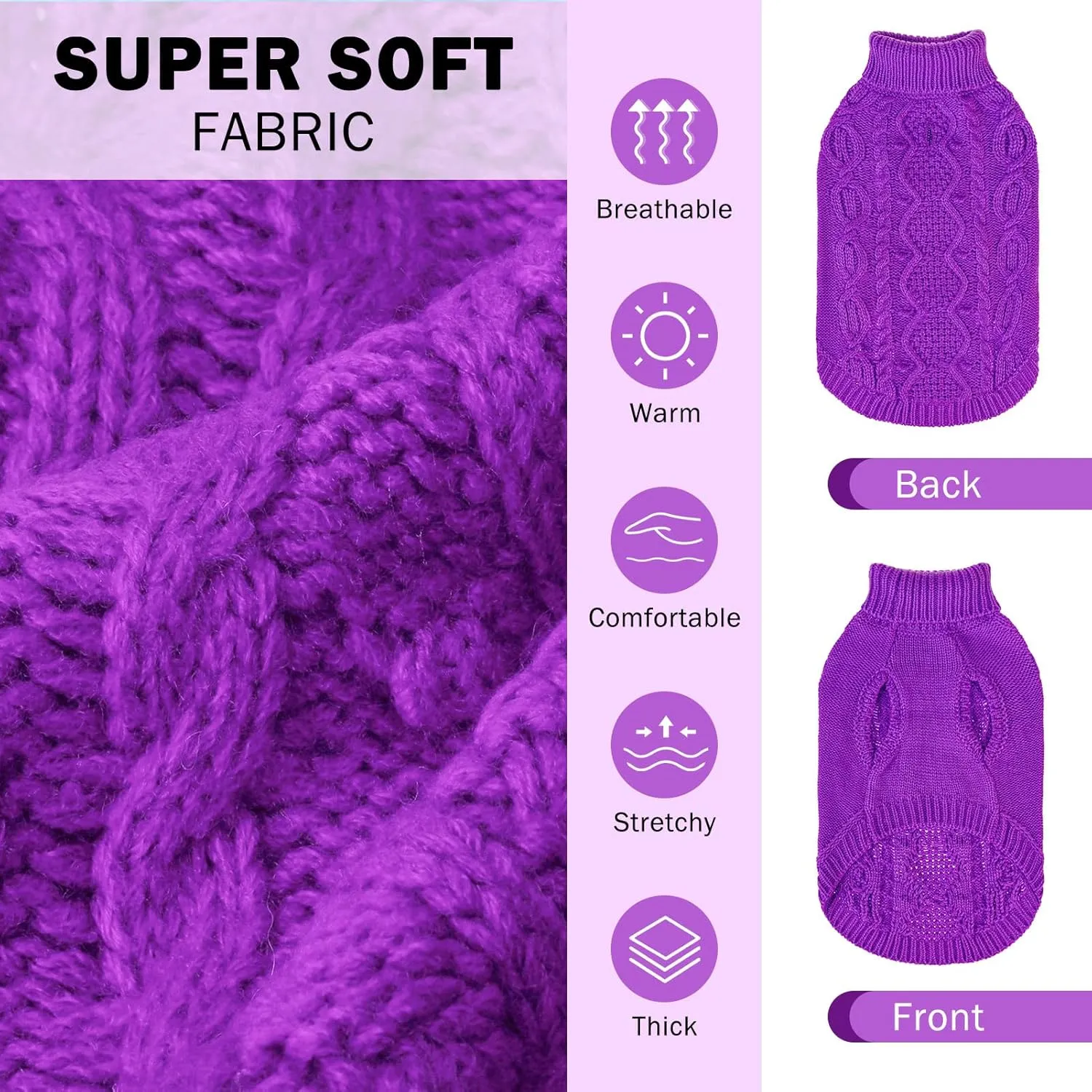 SCENEREAL Knitted Dog Sweater for Large Medium Small Dogs, Cat Dog Winter Coat Warm Sweatershirts Outfits, Classic Pet Clothes with Leash Hole, Soft Pet Knitwear Apparel for Girls Boys, Purple L