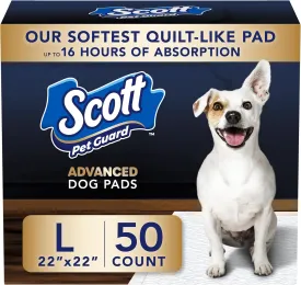 Scott Pet Guard Advanced Dog Pads - Dog Training Pee Pads for Puppies, Medium & Large Dogs - Up to 16 Hour Absorbency with Odor Control - Softest Quilted Dog Pee Pads - Large - 22" x 22" - 50 Pack