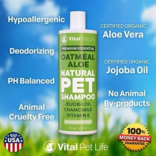 Shampoo for Dogs & Cats with Oatmeal, Aloe Vera, Chamomile, Jojoba Oil, Vitamin E - All Natural and Hypoallergenic, Helps Dry Coats & Itchy Sensitive Skin, No Parabens or Artificial Dyes, 16 oz