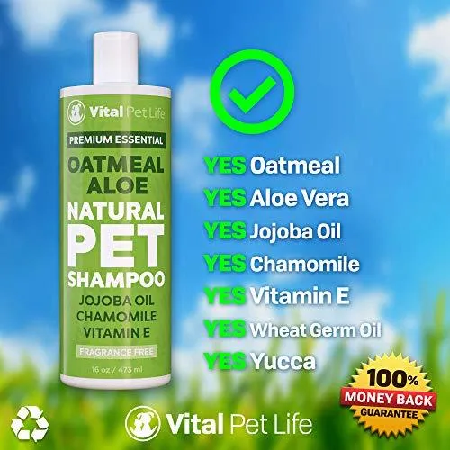 Shampoo for Dogs & Cats with Oatmeal, Aloe Vera, Chamomile, Jojoba Oil, Vitamin E - All Natural and Hypoallergenic, Helps Dry Coats & Itchy Sensitive Skin, No Parabens or Artificial Dyes, 16 oz