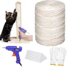 Sisal Rope for Cat Scratching Post, 328FT 4MM Natural Hemp Twine Rope for Repairing Cat Tree Tower Scratcher Replacement Kit with Hot Glue Gun and Sticks Set for DIY Indoor Decoration Pet Toys Craft