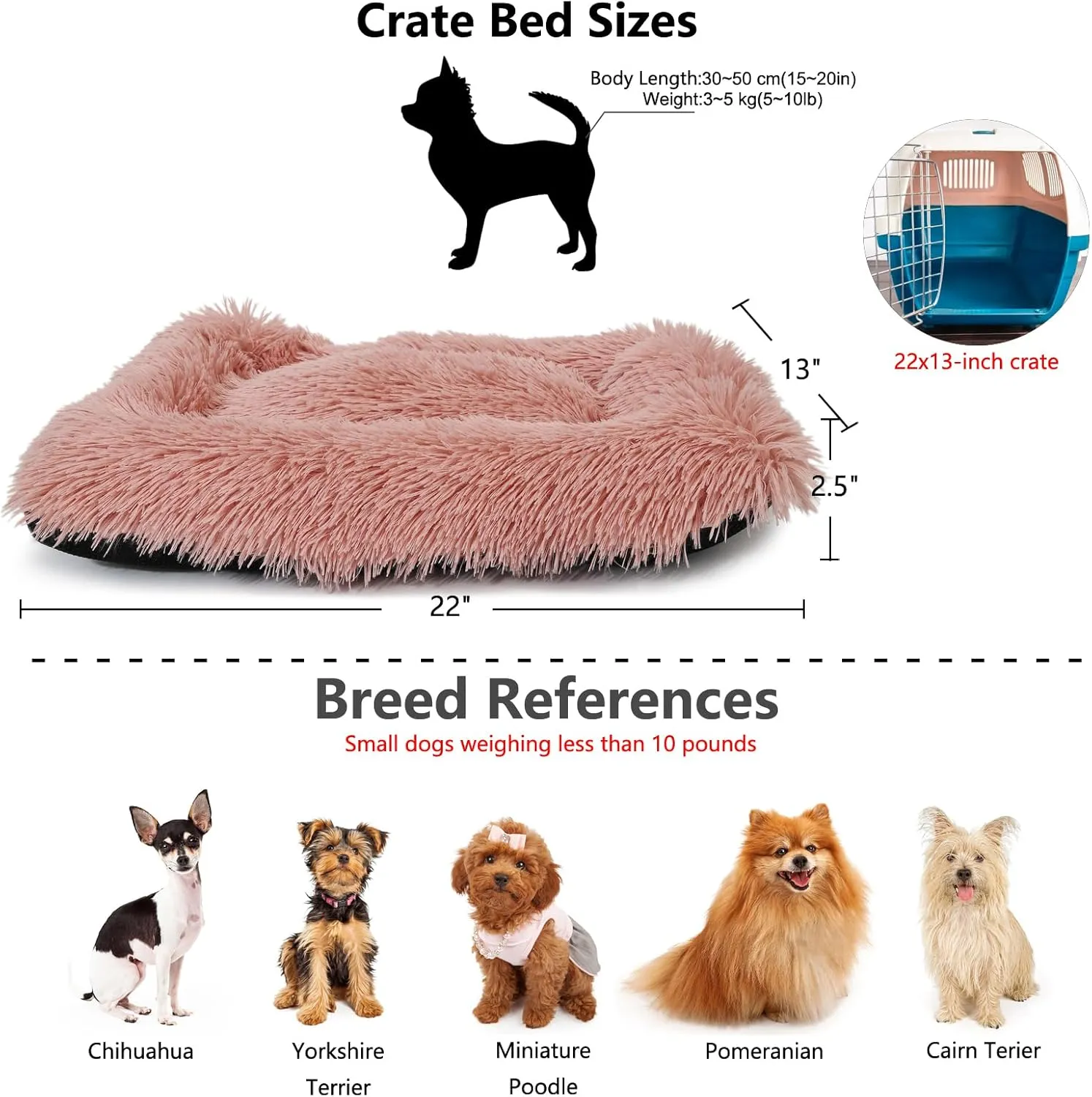 Small Dog Bed for Crate Pink Crate Pad, Washable Dog Crate Beds for Extra Small Dogs CatsPuppy Bed Pillow Plush Kennel Pad 22 inch
