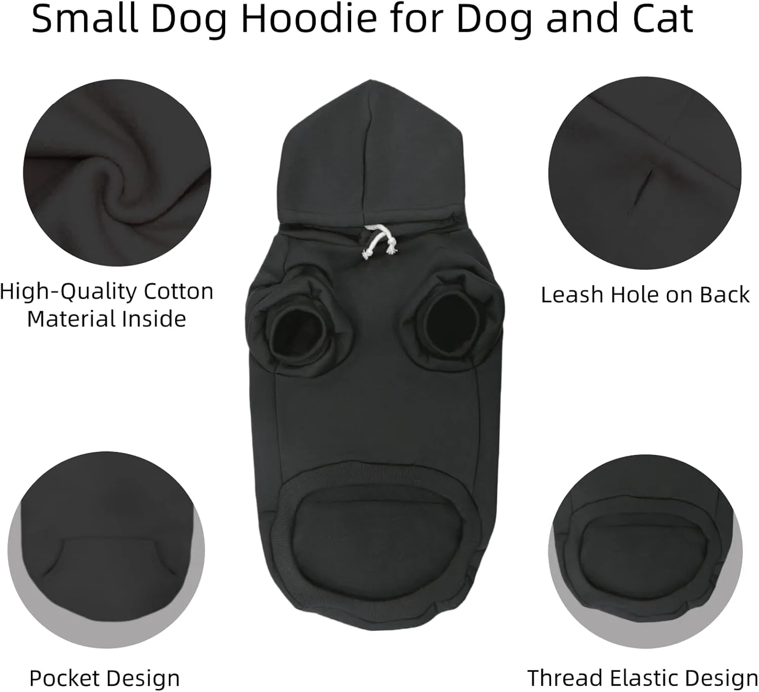 Small Dog Hoodie with Leash Hole and Pocket, Soft Winter Dog Sweater, Cozy Hoodies Sweatshirt for Small Dogs Puppy and Cat, Cold Weather Pet Clothes (Black Dog Hoodie, S)