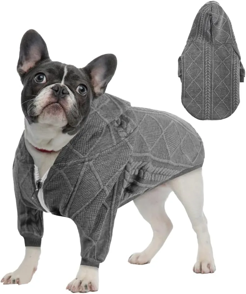 Small Dog Sweater Knitted Pet Sweaters Warm Dog Clothes with Zipper, Hooded Sweatshirt Cable Knitwear Puppy Winter Coat for Small Dogs Girl Boy Soft Cat Apparel(XL, Grey)