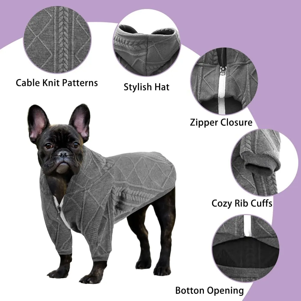 Small Dog Sweater Knitted Pet Sweaters Warm Dog Clothes with Zipper, Hooded Sweatshirt Cable Knitwear Puppy Winter Coat for Small Dogs Girl Boy Soft Cat Apparel(XL, Grey)