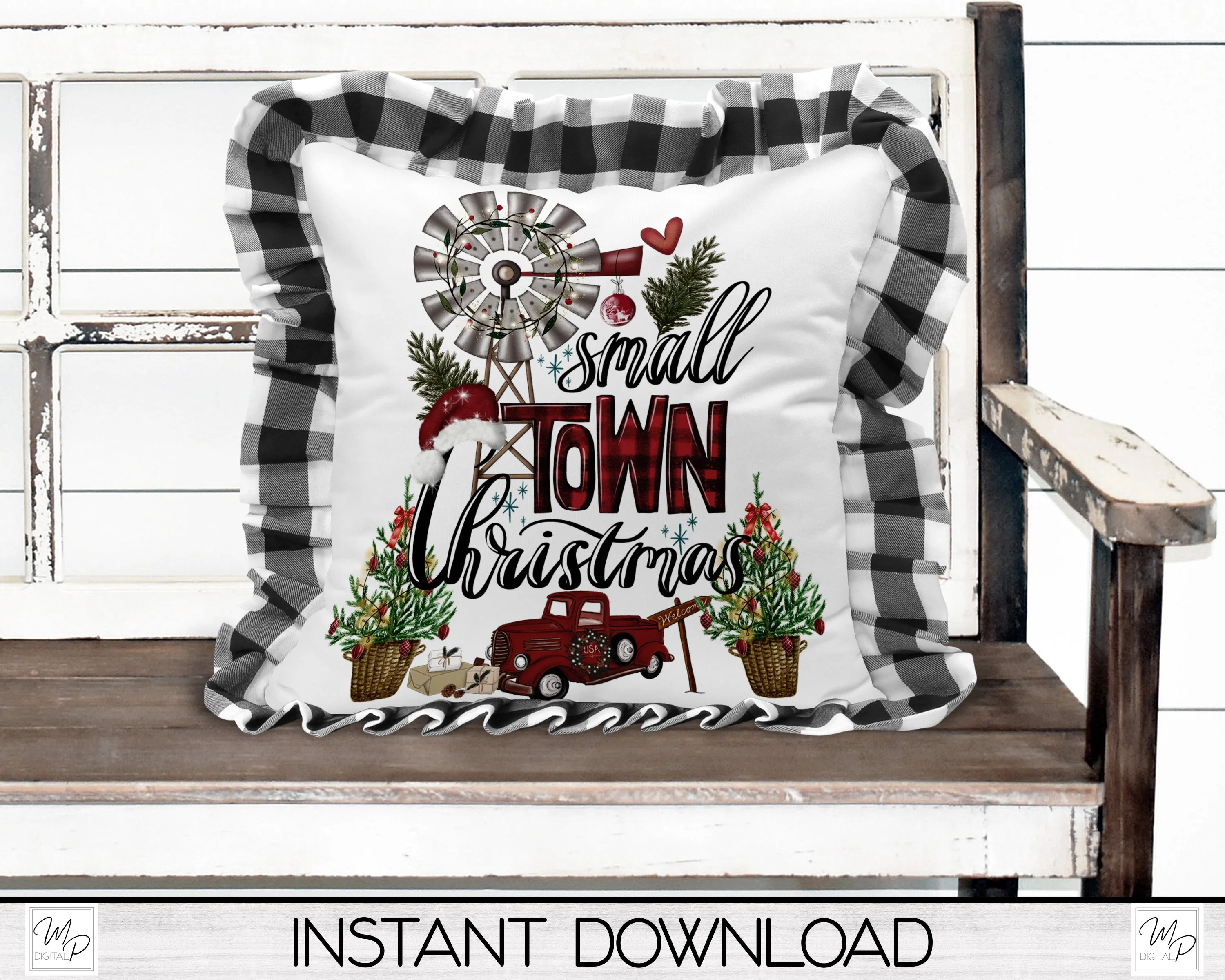 Small Town Christmas Pillow Cover PNG Sublimation Design, Digital Download, Square Pillow Case PNG Design