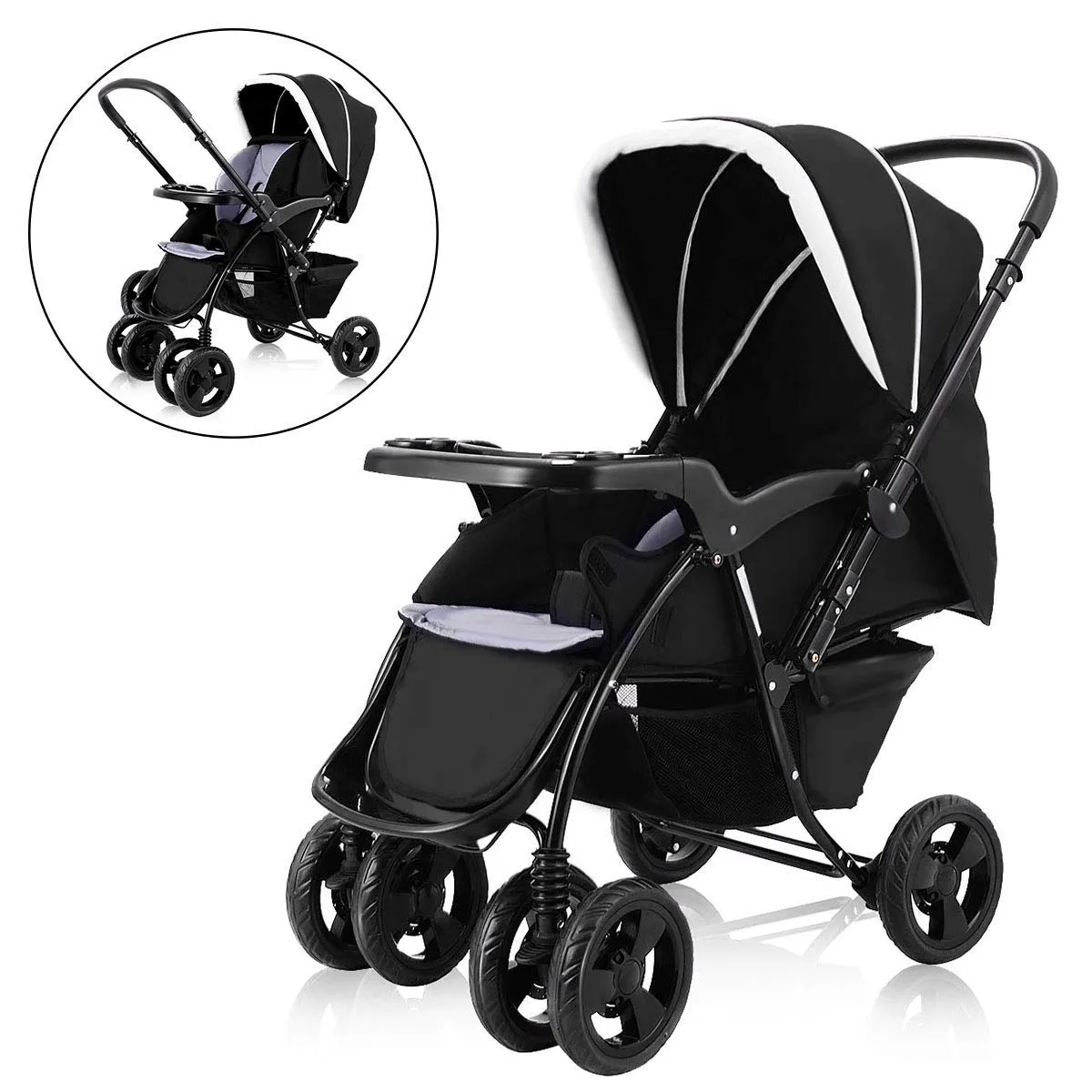 Two Way Stroller, Baby Foldable Conversable Pushchair w/ 5- Point Safety Harness, Sleeping Cushion, Storage Basket, Free Standing