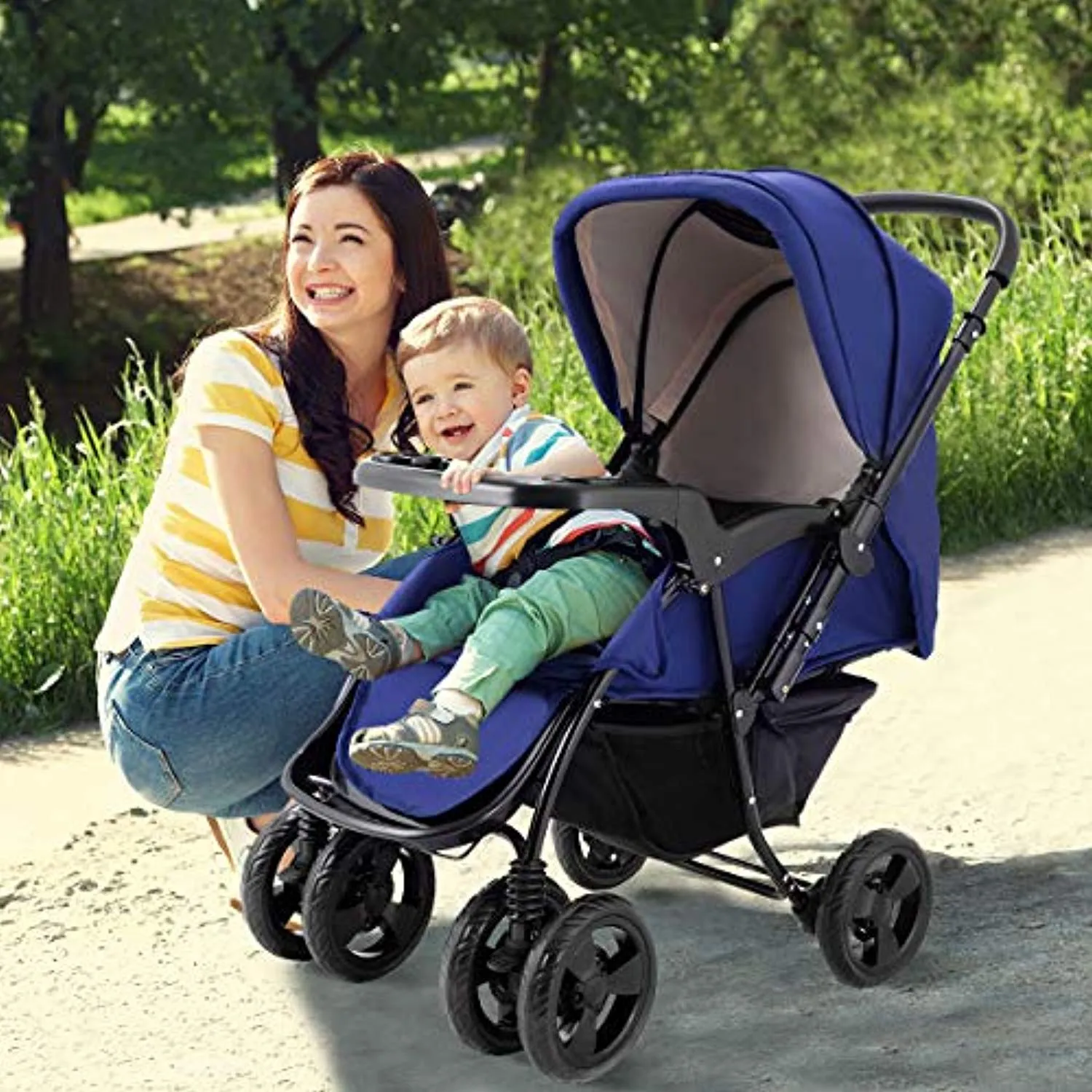 Two Way Stroller, Baby Foldable Conversable Pushchair w/ 5- Point Safety Harness, Sleeping Cushion, Storage Basket, Free Standing
