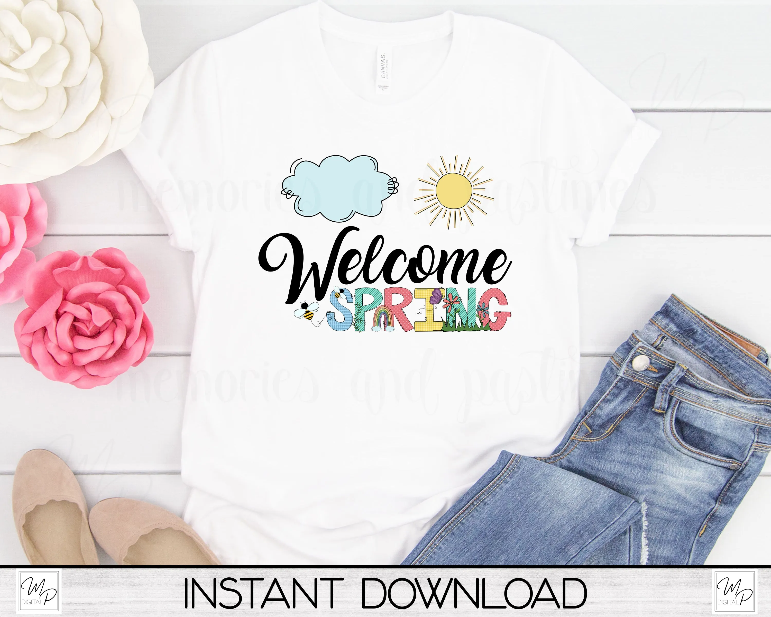 Welcome Spring Square Pillow Cover PNG Sublimation Design, Digital Download